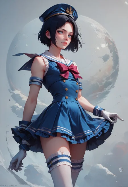 score_9, score_8_up, score_7_up, 1boy, femboy, otoko no ko, short hair, bob cut hair, black hair, grey eyes, gray eyes, feminine face, toned body, Shelly, Jed-Salr, Navy Blue Mini Dress, White Trim,  White Sailor Collar,  Nautical Stripes,  White Thigh-High Stockings, Sailor Hat,  White Gloves, Sailor Cuffs, White Petticoat, highly detailed, intricate, zzCitronCAT, pose, modelshoot, solo