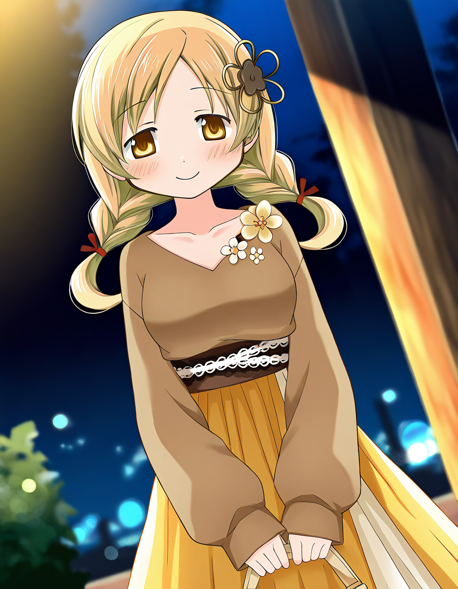 masterpiece, best quality, newest, absurdres, highres, safe, 1girl, tomoe mami \(casual costume\), magia record: mahou shoujo madoka magica gaiden, yellow long skirt, solo, night, outdoors, dutch angle, <lora:tomoe_mami_noobaiXLNAIXL_vPred10Version:0.7>