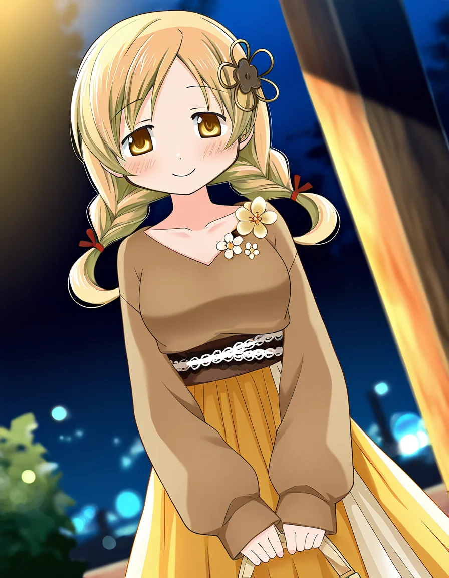 masterpiece, best quality, newest, absurdres, highres, safe, 1girl, tomoe mami \(casual costume\), magia record: mahou shoujo madoka magica gaiden, yellow long skirt, solo, night, outdoors, dutch angle, <lora:tomoe_mami_noobaiXLNAIXL_vPred10Version:0.7>