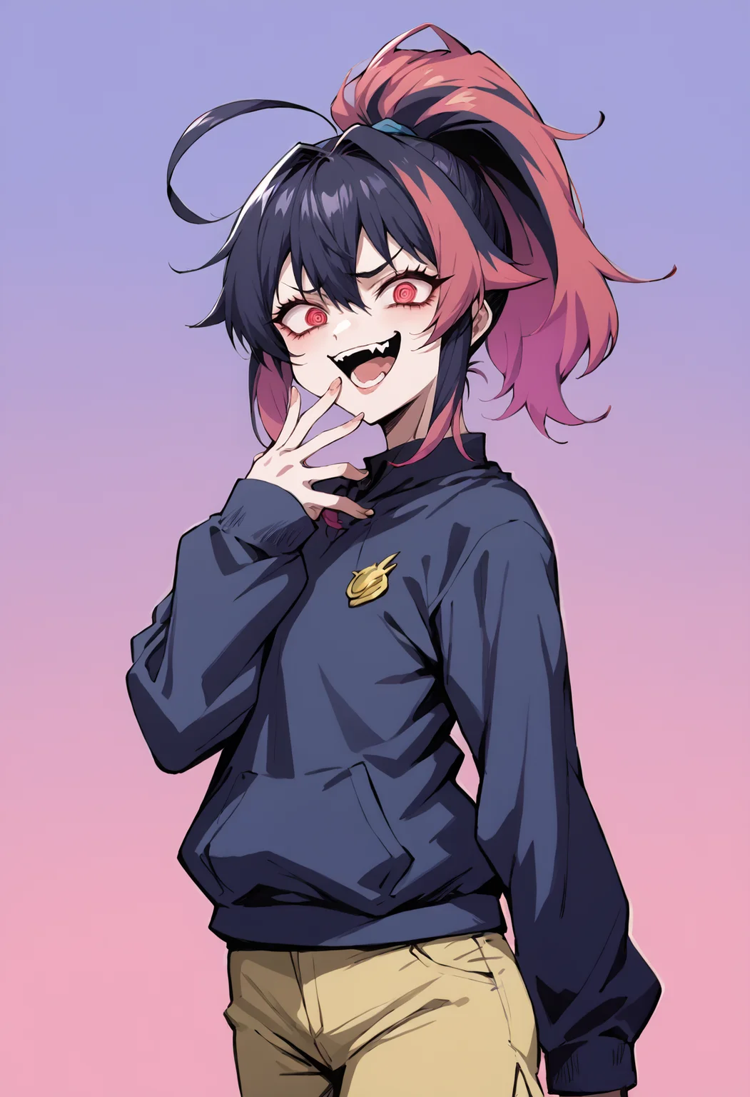 score_9, score_7_up, source_anime, uncensored, zPDXLxxx, <lora:intricate_details:1> intricate_details_xl, flat color, gradient background, (solar:1.2) two-tone background, cowboy shot <lora:Sadamoto Yoshiyuki_XL_PONY:1>
1girl, solo, adult, split-color hair, high ponytail, medium hair, huge ahoge, crazy eyes, @ @, light red eyes, looking at viewer, Smock <lora:Mesugaki_Concept_v1.1:0.8> mesugaki, smug, skin fang, hand to own mouth