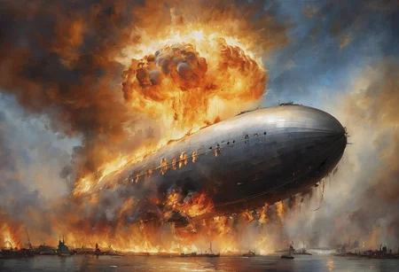 Capture the moment when the Zeppelin Hindenburg explodes and is engulfed in flames in a tremendous awesome digital art work, majestic, energetic, emotion, awesome Quality, reflecting, luminescent, translucent, Ethereal, Neural, Aura,(random ambient:1.3), very detailed, masterpiece, light beams, dusty, very sharp image, dramatic low lit,back lit, oil painting, advntr