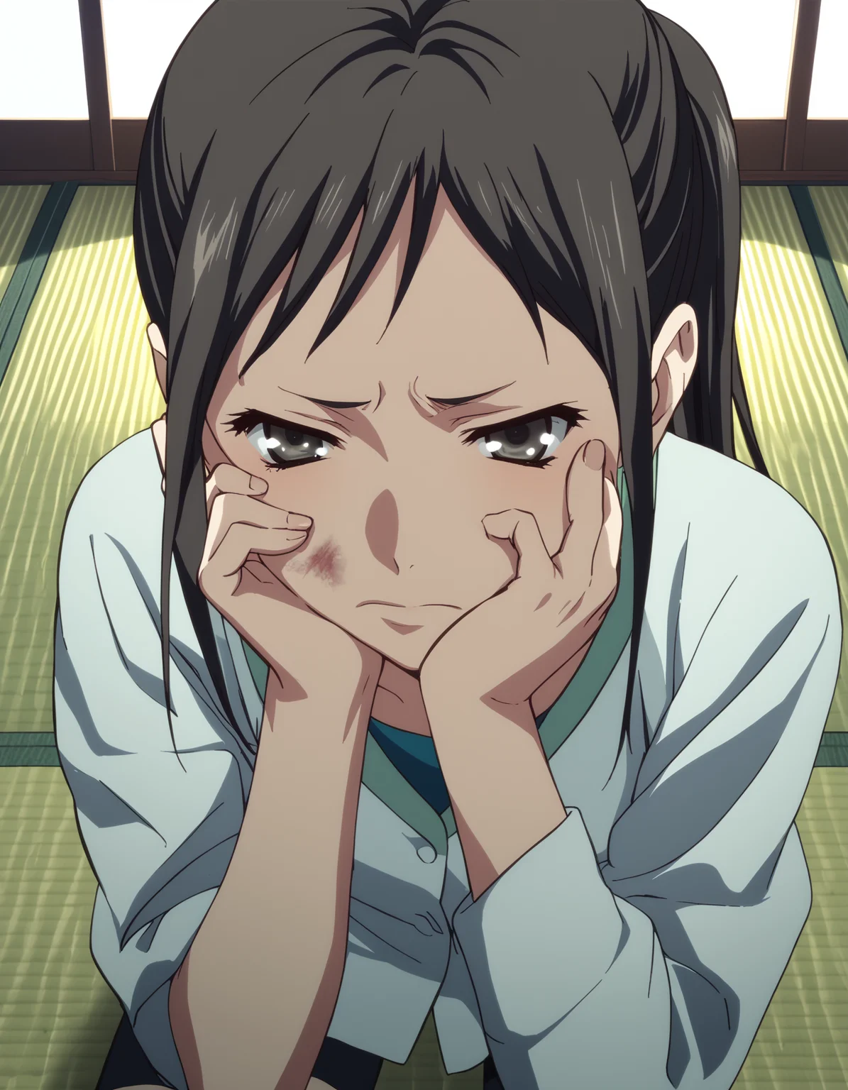 score_9, score_8_up, score_7_up, source_anime, <lora:minko-000007:1> 1girl, solo, close-up, tsurugi minko, long hair, black hair, ponytail
dress shirt, bike shorts
kneeling, (bruise on face:0.7), hand on own cheek, indoors, tatami