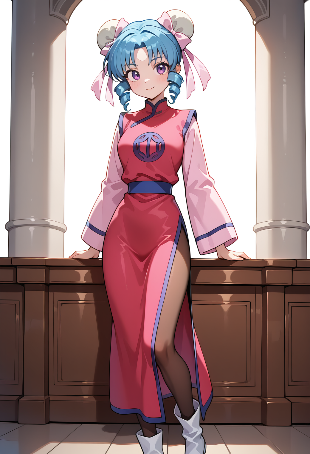 masterpiece, best quality, amazing quality, 1girl, solo,
<lora:female_jinn2_v01:0.9>, female_jinn2, blue hair, short hair, hair bun, double bun, parted bangs, sidelocks, drill hair, twin drills, purple eyes,
bun cover, pink hair bow, china dress, long sleeves, wide sleeves, side slit, brown pantyhose, white boots, (smile:0.7), posing,
