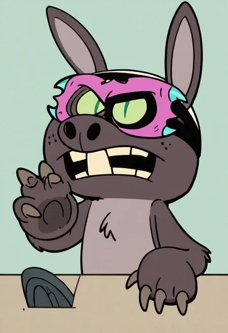 (score_9 | score_8_up | score_7_up) ((masterpiece:1))(best quality,very high quality,ultra detailed:1.2) (2D,cartoon style,anime style)(Smooth:2)(clean blurring) (four fingers on each hand,one thumb on each hand:1), solo, cartoon, score_7_up, charles, dog, black spot on left eye, white, happy, purple mask, mask of the beast, transformation, cross between a donkey a badger and a lizard, green eyes, claws, 75% transformation, nose with big holes, buck teeth, dark purple fur, lizardlike tail, paws with claws, donkey ears, tusks, green eyes, vertical slit pupil