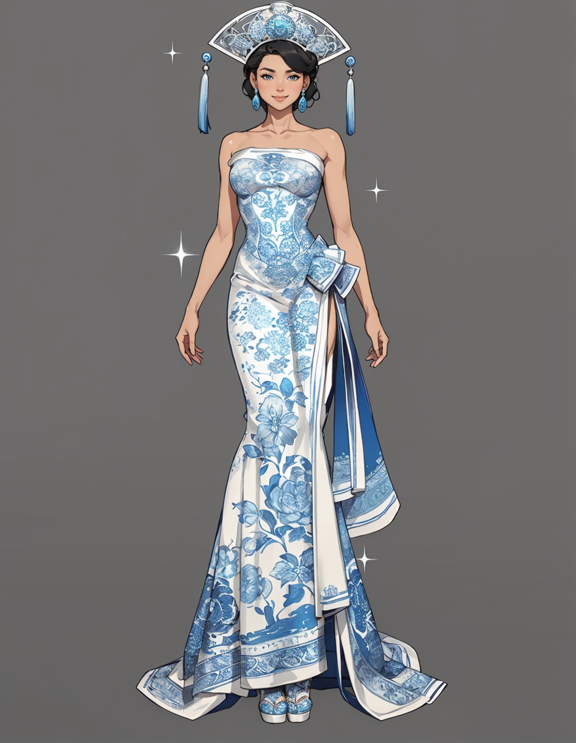 (full body photo:1.3), adult woman, standing, arms down, facing viewer, wearing HUD_ch1na, asymmetrical blue and white chinoiserie porcelain colored strapless dress, pleated ruffle skirt, bare shoulders, jewelry, earrings, ring, large intricate metal carved symmetrical jeweled headdress with one tassel on each side, <lora:HUD_ch1na-08a:0.6>, (black hair:0.8), 4k, simple background, smile
