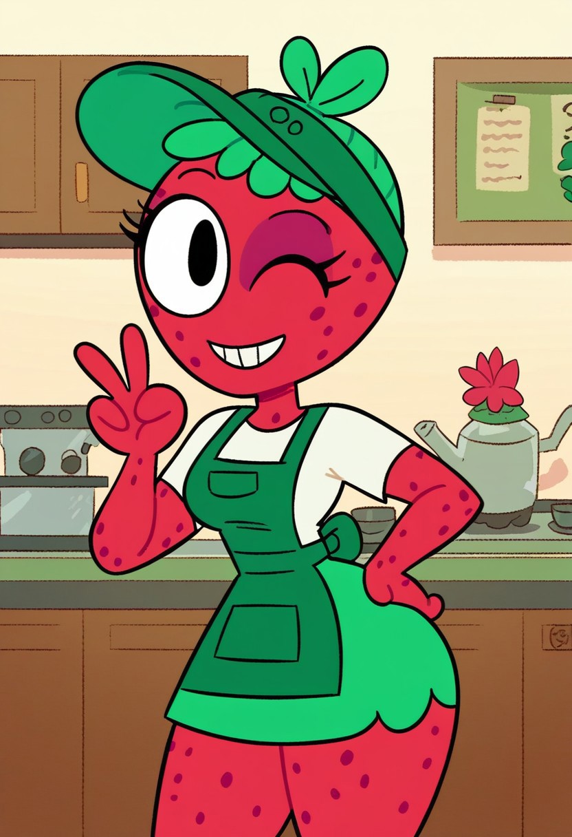 score_9_up, cartoon, 1girl, solo, drupe, fruit, colored skin, freckles, green headwear, white shirt, green apron, green skirt, hand on own hip, peace sign, looking at viewer, smile, wink, cowboy shot, indoors