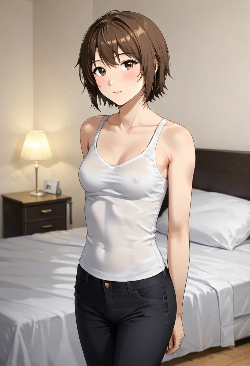 1girl, solo, short brown hair, small breasts,
pants, tank top,
bedroom,