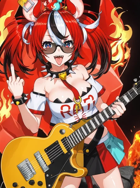 detailed background, shiny skin, posing, rating safe,
<lora:baelz.pony:1>,
baelz,
large breasts, 
sunglasses, flame, rock, guitar, 
glasses, middle finger, tongue out, open mouth, heavy metal,