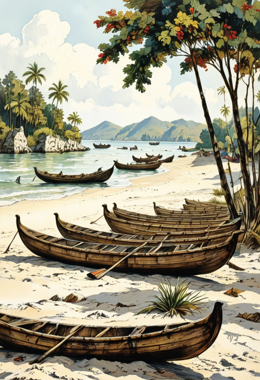 Dugout canoes lined up along a white-sand beach., in memadukan_painter art style, 19th century indies vintage illustration by Auguste van Pers, painting