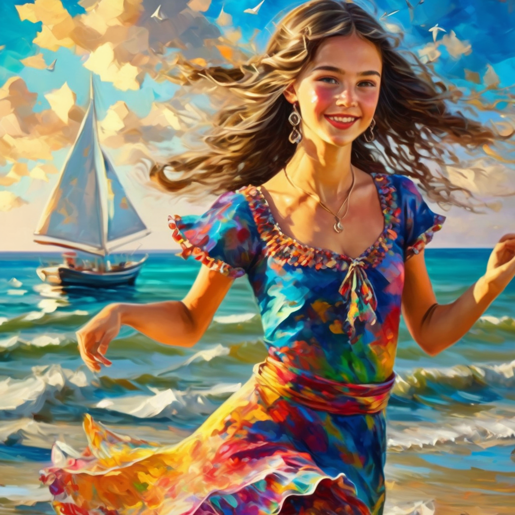 artmix05 close up girl in a colorful dress dancing on the beach in the background the sky with clouds, maybe and a sailboat, warmer sun rays, light on the face, very detailed  <lora:artmix05:1>