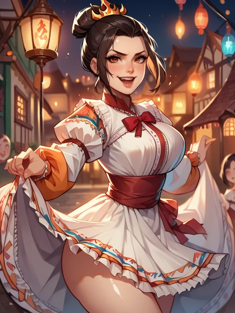 score_9, score_8_up, score_7_up, 1girl, curvy girl, from behind, dress lift, solo focus, looking at viewer, nervous smile, blush, naughty face, cowboy shot, (dynamic pose:1.1), cute, nsfw, room, big breasts, thick thighs, sexy pose, open legs, shiny skin, glowing, town, village, cute pose, open mouth, azula,
<lora:MexicanTraditionalClothes_Concept-10:1> MexClothes, hair ornament, flower, white dress, frills, traditional clothes, ribbon, puffy sleeves, multicolored clothes, colorful clothes,