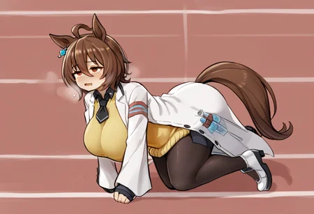 masterpiece,best quality,highly detailed,score_9,score_8_up,score_7_up,score_6_up, 1girl, solo, breast, huge breast, plump, atdef, red eyes, brown hair, ahoge, hair between eyes, short hair, horse ears, single earring, horse tail, white coat, lab coat, sleeves past wrists, sleeves past fingers, black necktie, short necktie, yellow sweater, black shirt, pantyhose, black pantyhose, white footwear, high heels, high heel boots, open mouth, heavy breathing, exhausted, tired face, very sweaty, running, running track, from side,