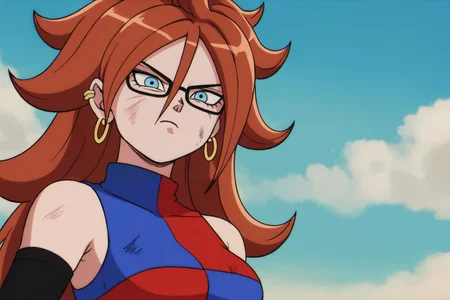 source_anime, score_9, score_8_up, score_7_up, anime screencap,
1girl, solo, long hair, breasts, looking at viewer, blue eyes, brown hair, hair between eyes, earclip, medium breasts, closed mouth, upper body, earrings, detached sleeves, sky, glasses, day, blue sky, a21dress, clenched hand, serious, hoop earrings, bruise, android 21, human
<lora:android21_pony_v1:0.8>