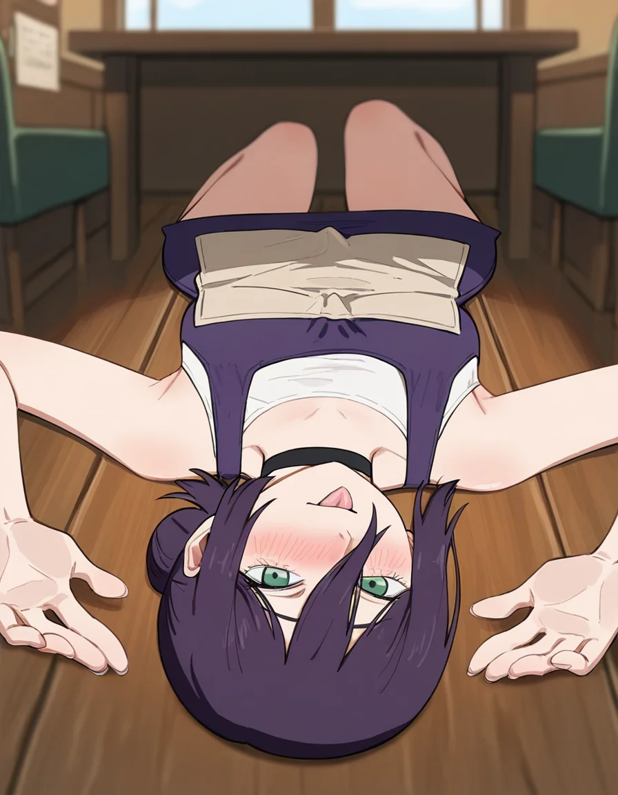 best quality, masterpiece, absurdres, detailed background, centered, centered, view, 1girl, inside, restaurant, blush, tongue out,
<lora:flatteningv3:0.9>, flattened, flattened_girl, paper_thin, wringer, on back, on ground,
<lora:Reze_NAIXL_Epsilon_V1:0.8>, rezeanime, anime, chainsaw man, reze \(chainsaw man\), 1girl, green eyes, medium hair, hair between eyes, single hair bun, choker, beige apron, bare shoulders, sundress, purple dress, undershirt, white undershirt
