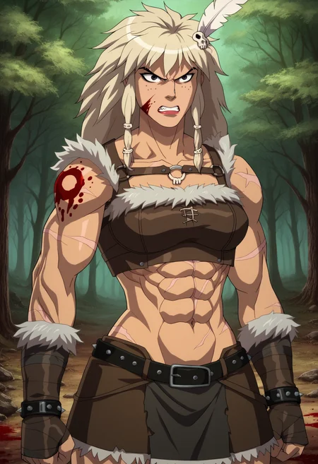 score_9, score_8_up, score_7_up, BREAK,
1girl, medieval fantasy, portrait, solo,
tan, black eyes, angry, freckles, muscular female, biceps, scars, navel, abs, tribal tattoo, blood, female barbarian, berserker, tribal warrior,
feather hair ornament, primitive, furs, fur trim, bloody, pelts, leather jerkin, armor, leather skirt, straps, leather belt, bone bracelet, forest, trees, nature, outdoors, shadows <lora:FantasyWesternAnimation_YoungJusticeDCAMU_v2:1>