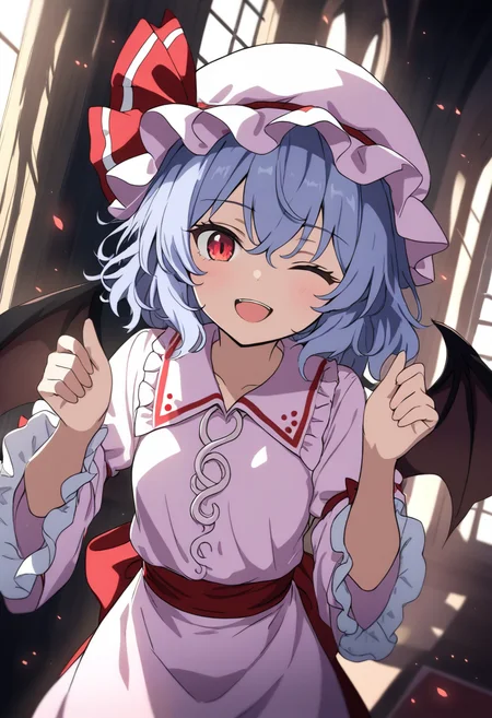 1girl, remilia scarlet, touhou, sensitive, solo, dutch angle, looking at viewer, hands up, one eye closed, frilled sleeves, frills, hair between eyes, hat, hat ribbon, indoors, light blush, light particles, long sleeves, medium hair, mob cap, open mouth, upper teeth only, smile, red eyes, red ribbon, red sash, sash, white hat, wide sleeves, window, bat wings, anime coloring, depth of field, masterpiece, high score, great score, absurdres