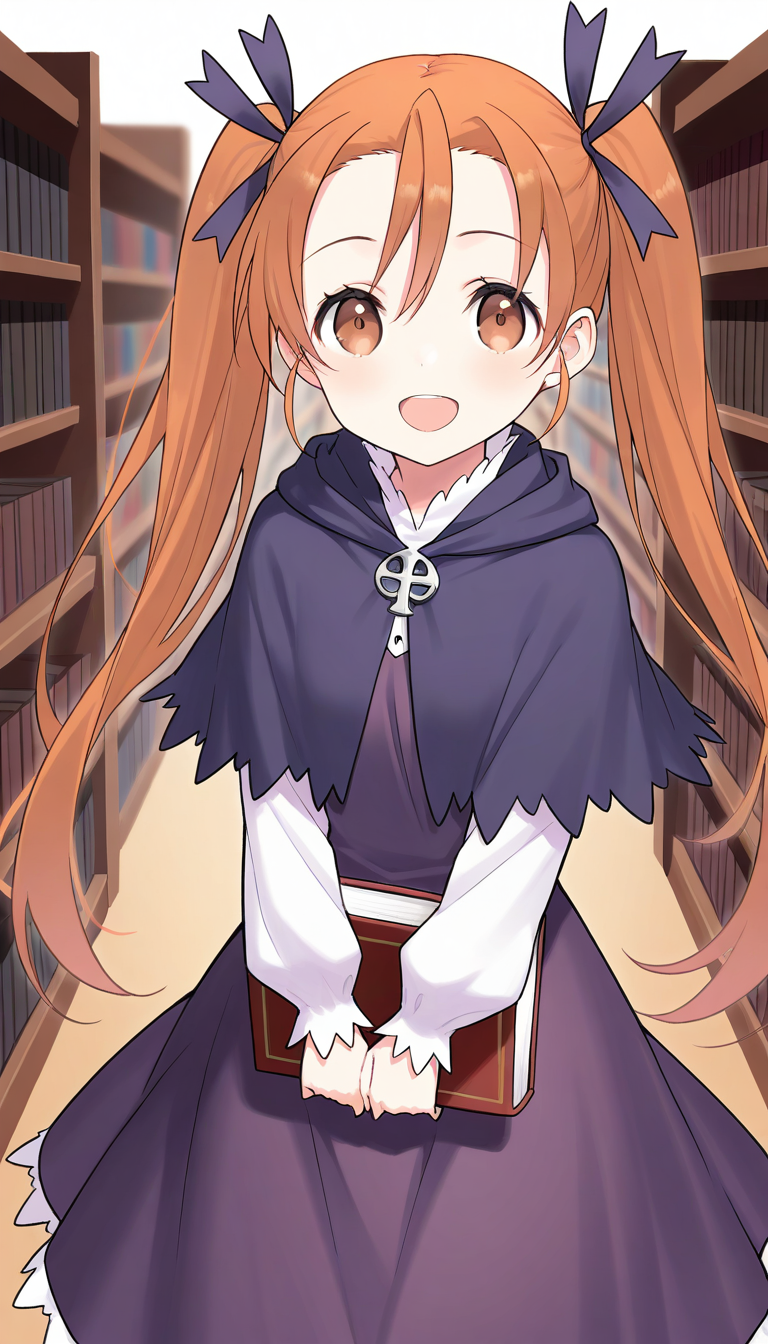 masterpiece, best quality, good quality, <lora:Aliese_Martini_IS:1> Aliese_Martini, 1girl, solo, twintails, long hair, brown eyes, hair ribbon, orange hair, brown hair, short stack,
 1girl, book, solo, smile, open mouth, ribbon, holding book, holding, looking at viewer, capelet, :d, skirt, long sleeves, purple dress,
library,