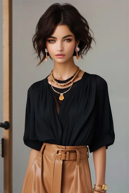 masterpiece, best quality, ultra detailed, perfect eyes, bellissima, 1girl, black collared shirt, brown pants, Armani style, very short hair, black hair, earrings, chain necklace, cowboy_shot