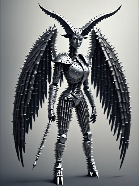 1girl, armor, weapon, wings, solo, shoulder armor, portrait of a woman, covered by black feathers, giant black wings, black feathers, giant long slick big horns, straight giant horns, black horns, very stick, gradient black-white horns, fastenerswm, <lora:FastenersWMv0.4:1.2>