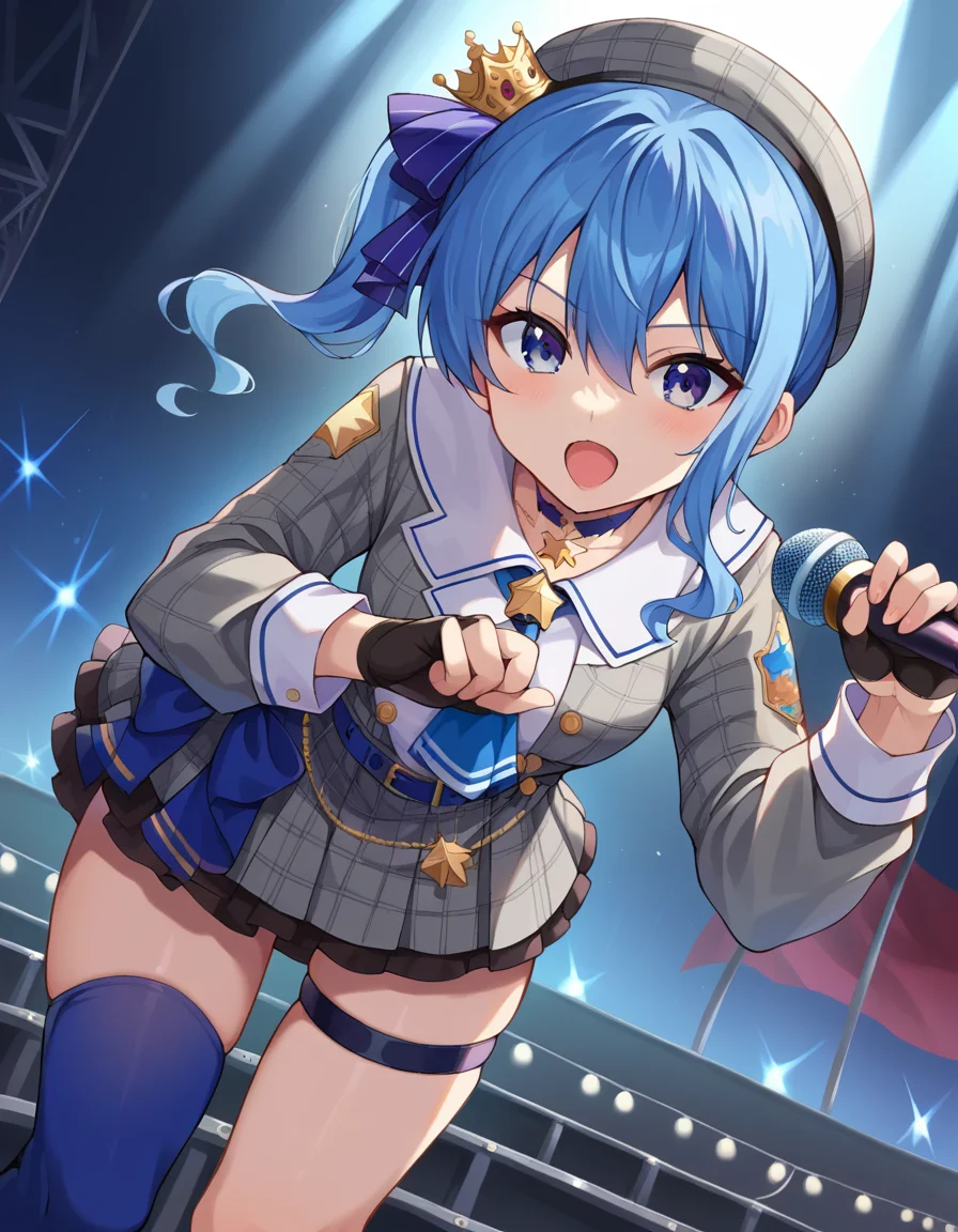 score_9, score_8_up, score_7_up, source_anime,
suiseihoshimachi, <lora:suisei-hoshimachi-ponyxl-lora-nochekaiser:1>
suisei hoshimachi, blue eyes, blue hair, choker, hair between eyes, medium hair, side ponytail, star choker,
ascot, asymmetrical legwear, belt, beret, black gloves, blue ascot, blue belt, blue bow, blue choker, bow, buttons, choker, collared shirt, crown, gloves, grey headwear, grey jacket, grey skirt, hat, jacket, jewelry, kneehighs, long sleeves, miniskirt, mismatched legwear, partially fingerless gloves, pendant, plaid, plaid jacket, plaid skirt, shirt, single kneehigh, single sock, skirt, skirt set, socks, star choker, star print, thigh strap, uneven legwear, white shirt,
indoors, stage, stage lighting, microphone, singing, holding microphone, open mouth, bent over,
looking at viewer, dutch angle, cowboy shot,