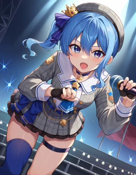 score_9, score_8_up, score_7_up, source_anime,
suiseihoshimachi, <lora:suisei-hoshimachi-ponyxl-lora-nochekaiser:1>
suisei hoshimachi, blue eyes, blue hair, choker, hair between eyes, medium hair, side ponytail, star choker,
ascot, asymmetrical legwear, belt, beret, black gloves, blue ascot, blue belt, blue bow, blue choker, bow, buttons, choker, collared shirt, crown, gloves, grey headwear, grey jacket, grey skirt, hat, jacket, jewelry, kneehighs, long sleeves, miniskirt, mismatched legwear, partially fingerless gloves, pendant, plaid, plaid jacket, plaid skirt, shirt, single kneehigh, single sock, skirt, skirt set, socks, star choker, star print, thigh strap, uneven legwear, white shirt,
indoors, stage, stage lighting, microphone, singing, holding microphone, open mouth, bent over,
looking at viewer, dutch angle, cowboy shot,