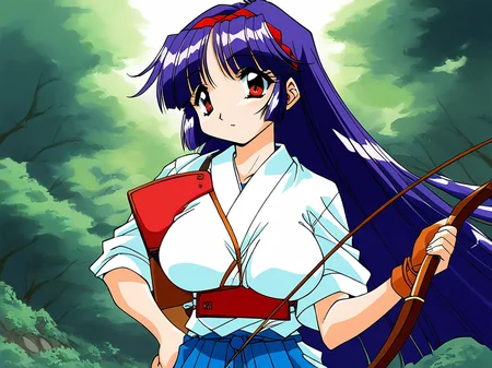 score_9, score_8_up, score_7_up, source_anime, rating_explicit, BREAK <lora:Shiraishi_Yumiko_Ver2.0_XL:1> ShiraishiYumiko, long hair, red eyes, red hairband, purple hair, large breasts, blunt bangs,
1girl, bow (weapon), solo, weapon, gloves, kyuudou, archery, japanese clothes, muneate, yugake, partially fingerless gloves, hakama,
skirt, blue hair, hakama skirt, holding bow (weapon), arrow (projectile), single glove, holding weapon