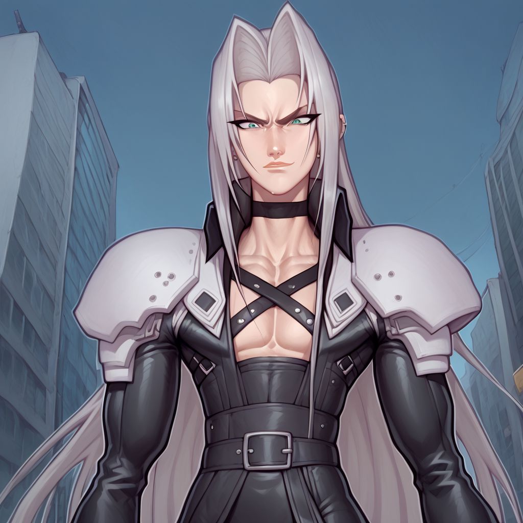 score_9, score_8_up, score_7_up, flightless detailed closeup action shot, from front, Sephiroth leaping through the air swinging very long sword in a wide overhead arc, smug expression, dynamic pose, exaggerated perspective emphasizing action, in an industrial city at night, dim street lighting, solo, beautiful, androgynous, flat chest, leather straps, broad shouldered, long draping leather overcoat, high contrast, industrial cityscape background,