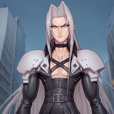 score_9, score_8_up, score_7_up, flightless detailed closeup action shot, from front, Sephiroth leaping through the air swinging very long sword in a wide overhead arc, smug expression, dynamic pose, exaggerated perspective emphasizing action, in an industrial city at night, dim street lighting, solo, beautiful, androgynous, flat chest, leather straps, broad shouldered, long draping leather overcoat, high contrast, industrial cityscape background,