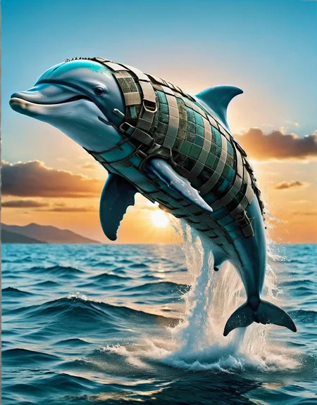 Playful ais-rmr dolphin leaping out of the turquoise sea at sunset <lora:ais-rmr-sdxl:1>â