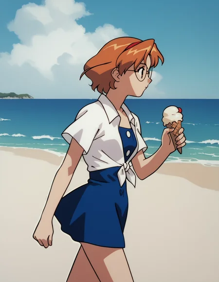 score_9, score_8_up, score_7_up
<lora:rion-aida-ponyxl:1> a10n, round eyewear, white shirt, short sleeves, short dress, blue dress, (tied shirt:1.1),
1girl, solo, walking, from side, ice cream, beach