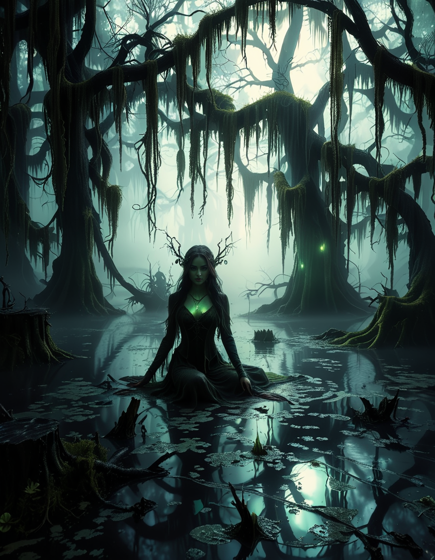A demonic fairy woman sitting gracefully in an ominous swamp,0m1n0us sw4mp. She has a hauntingly beautiful appearance, with translucent, tattered wings resembling those of an insect, glowing faintly in a dark, eerie hue. Her skin is pale with subtle, intricate patterns like magical runes etched into it, and her eyes glow with an unsettling red or violet light. She wears an ethereal, dark gown made of shredded, otherworldly fabric that appears to flow like smoke, blending with the mist of the swamp. Her hair is long, wild, and black with streaks of silvery white, floating slightly as if affected by unseen magical energy.
The swamp around her is dark and foreboding, with twisted, gnarled trees reaching out like claws. The water is murky, reflecting a pale, sickly green glow from bioluminescent plants and fungi scattered throughout. The air is filled with a faint, ghostly mist, and strange, faint lights hover in the background, adding a mystical atmosphere. The lighting is dim, with a soft, ethereal glow illuminating the fairy woman from below, contrasting with the deep shadows of the swamp. The mood is dark, mysterious, and magical, evoking both beauty and menace.<lora:SDXLFaeTastic2400:0.4> <lora:extremely_detailed:0.4> extremely detailed, <lora:0m1n0us_sw4mp:1>, Masterpiece,best quality,hi res,8k,hi res,8k,award winning,(sharp focus, intricate, highly detailed),