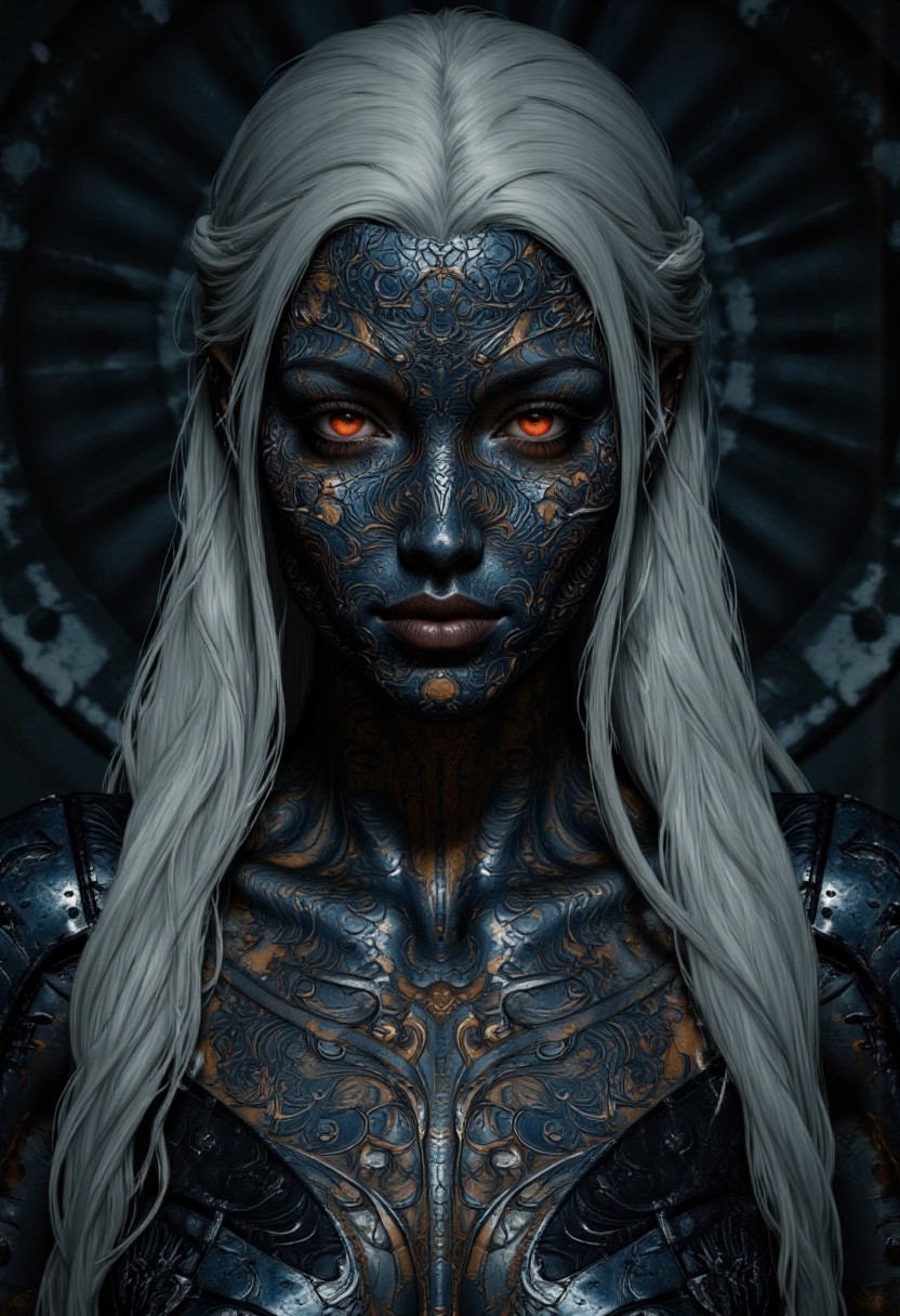 An extreme closeup portrait for an enigmatic and otherworldly woman with intricately textured metallic skin, their face and body adorned with elaborate biomechanical patterns that ripple like living armor. The figure's piercing crimson eyes glow with an intense, otherworldly energy, contrasting sharply with the cool, dark tones of their neck and face. Long, silver-white hair cascades down their back, enhancing their ethereal and alien appearance. The dimly lit, shadowy background emphasizes their enigmatic presence, evoking a sense of mystery and power.