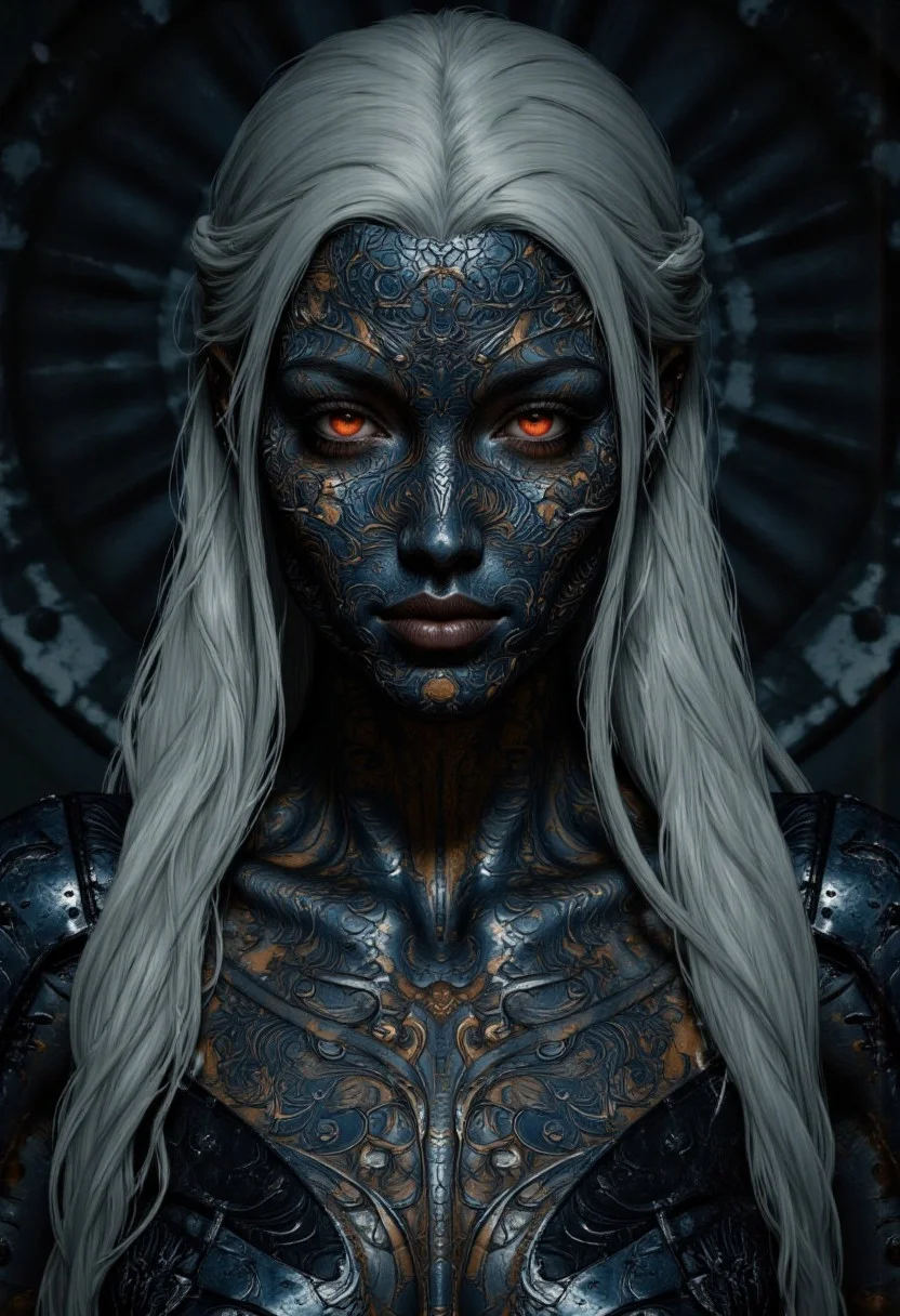 An extreme closeup portrait for an enigmatic and otherworldly woman with intricately textured metallic skin, their face and body adorned with elaborate biomechanical patterns that ripple like living armor. The figure's piercing crimson eyes glow with an intense, otherworldly energy, contrasting sharply with the cool, dark tones of their neck and face. Long, silver-white hair cascades down their back, enhancing their ethereal and alien appearance. The dimly lit, shadowy background emphasizes their enigmatic presence, evoking a sense of mystery and power.