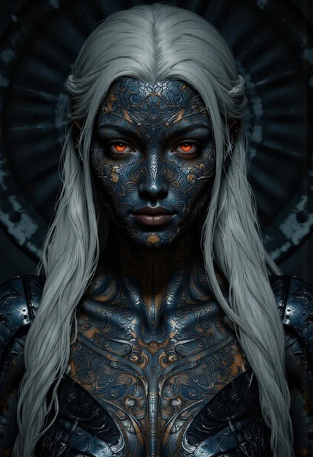 An extreme closeup portrait for an enigmatic and otherworldly woman with intricately textured metallic skin, their face and body adorned with elaborate biomechanical patterns that ripple like living armor. The figure's piercing crimson eyes glow with an intense, otherworldly energy, contrasting sharply with the cool, dark tones of their neck and face. Long, silver-white hair cascades down their back, enhancing their ethereal and alien appearance. The dimly lit, shadowy background emphasizes their enigmatic presence, evoking a sense of mystery and power.
