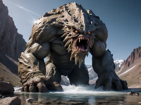 breathtaking, hyperrealistic, hyperdetailed, maximum fidelity, ultra high detail, ultra HD, Panavision Millennium DXL2 8k professional RAW photography gigantic rock monster emerging from mountain <lora:LoromXL_Druidic_Naturalism_v1:0.3>, luminous reflections, rtx on, subsurface scattering, dynamic hdr tone mapping, volumetric lighting, screenspace reflection, Physically-Based Rendering, Unity WÄtÄ environmental water