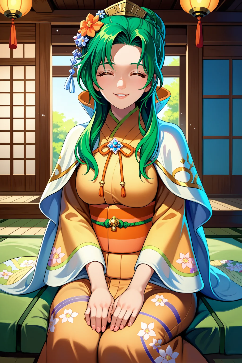 score_9, score_8_up, score_7_up, score_6_up, source_anime, 1girl, solo, <lora:elincia-pdxl-nvwls-000005:1> hsElincia, green hair, hair bun, long hair, braid, brown eyes, hair flower, hat, white capelet, orange kimono, sash, wide sleeves, floral print, large breasts, seiza, sitting, hands on own legs, looking at you, indoors, japanese house, smile, happy, closed eyes