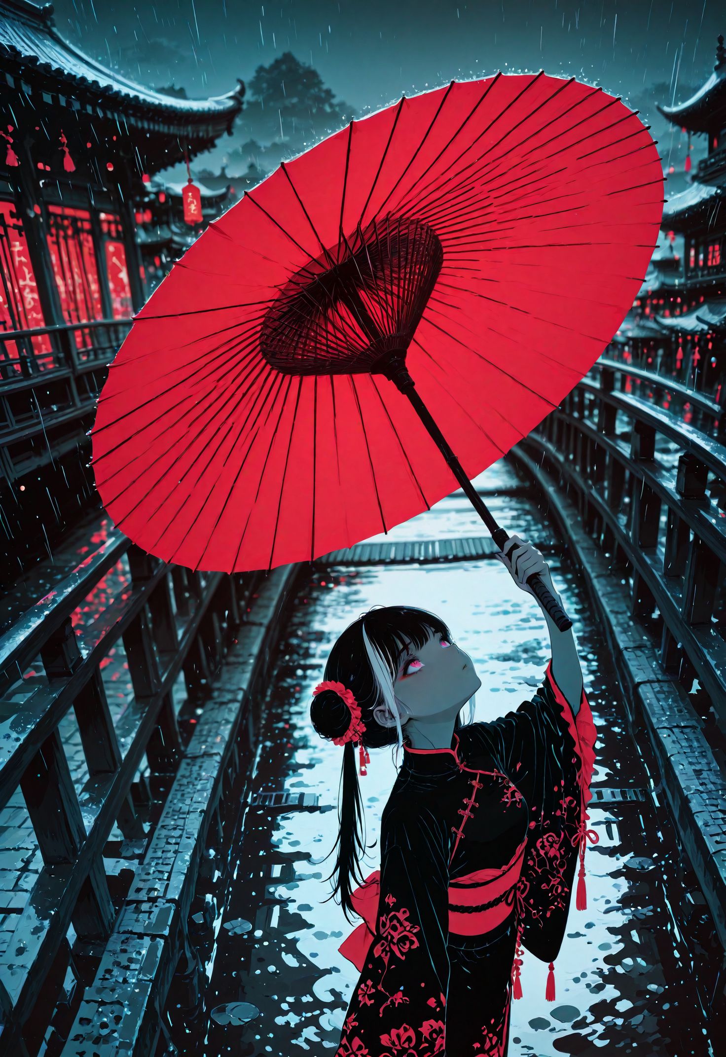 1girl, anime girl face scetch, scetch, lineart, minimalism, blending, spot color, flat color, (((from above, looking up))), neon, rain, reflection, night,
Jia Xichun, pink eyes, JiaXichunLimbus, long hair, twintails, multicolored hair, black hair, white hair, portrait, china dress, lonely,
bridge,holding umbrella,oil-paper umbrella,outdoors,sash,eastern asian architecture, shimenawa,wide sleeves,flower,obi,rope,long sleeves,upper body,
masterpiece, best quality,high quality, newest, HDR, 4ur4_illu,  dynamic pose,dynamic action,
dynamic pose, dynamic composition,dutch angle,depth of field, black and red theme, foreshortening,blurry edges,
8K, highres, absurdres,  <lora:illustriousXLv11_stabilizer_v1.113:0.3> <lora:ponyv6_noobV1_2_adamW:0.4> <lora:Aura_illu:1.0> <lora:Jia_Xichun_Illustrious:0.85> <lora:Sinozick_style:0.45>