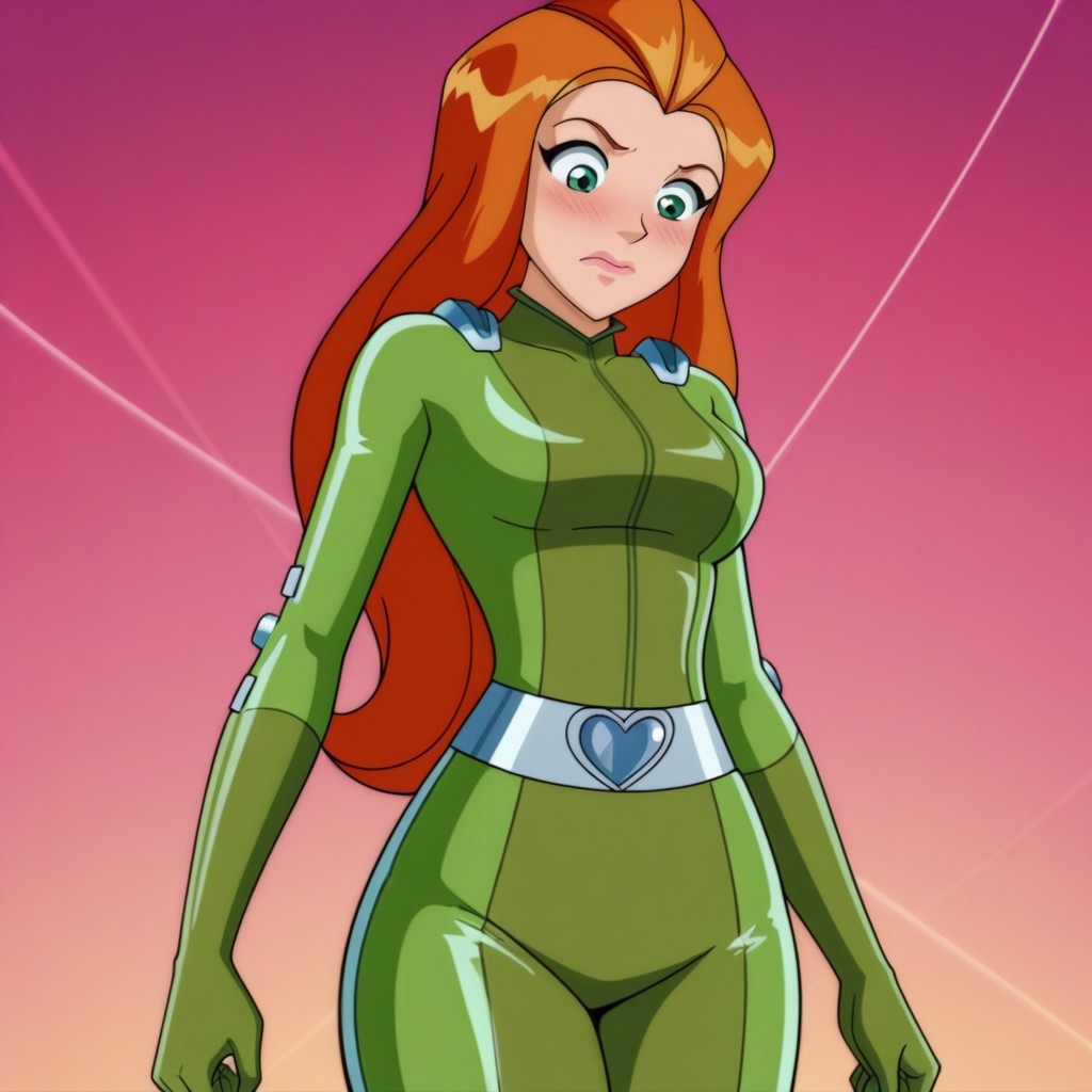 masterpiece, best quality, good quality, 1girl, solo, parody, season6-style, sam_totally_spies, long hair, orange hair, green eyes, green bodysuit, sexy, medium breasts, beautiful, detailed, high detailed, very beautiful, detailed face, detailed eyes, detailed hand, abstract background, neon,  face focus, (close-up) looking down,  shocked, blush, closed mouth, breast expansion, thick thighs, wide hips, curvy, off balance, thick thighs, wide hips, scared,