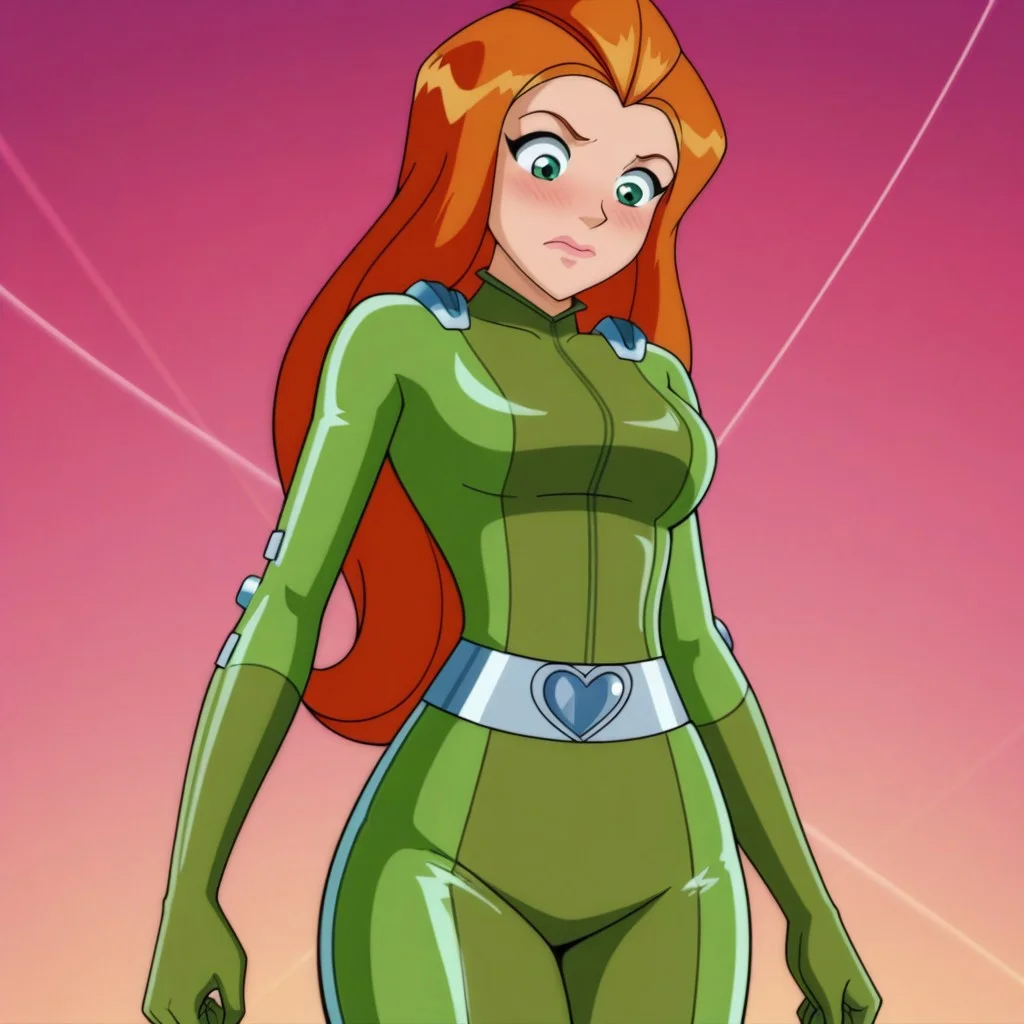 masterpiece, best quality, good quality, 1girl, solo, parody, season6-style, sam_totally_spies, long hair, orange hair, green eyes, green bodysuit, sexy, medium breasts, beautiful, detailed, high detailed, very beautiful, detailed face, detailed eyes, detailed hand, abstract background, neon, face focus, (close-up) looking down, shocked, blush, closed mouth, breast expansion, thick thighs, wide hips, curvy, off balance, thick thighs, wide hips, scared,