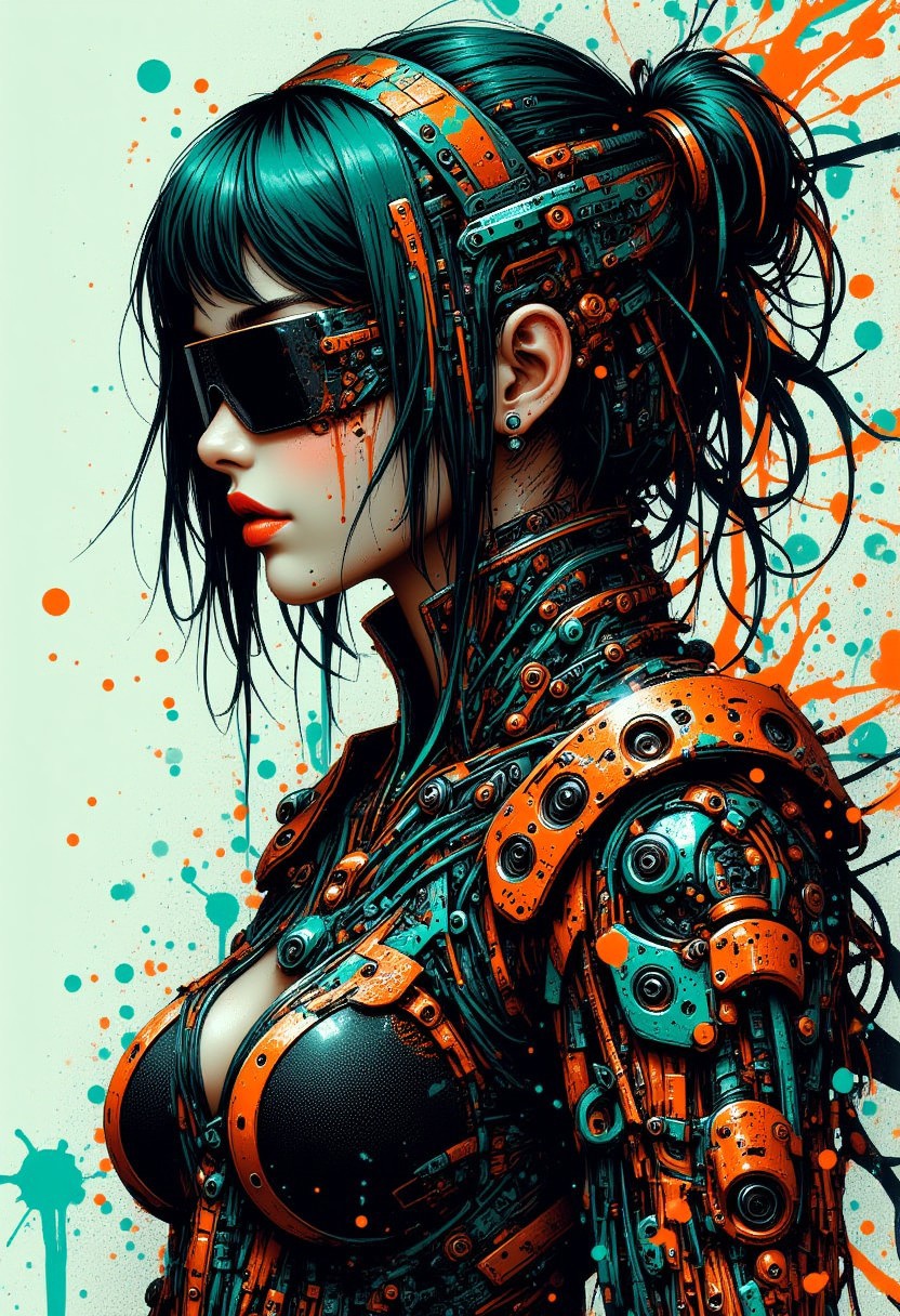 a cyberpunk goth girl, short straight-cut bob, dark eyeshadow, red lips, make-up, earrings, side view, mythp0rt, mad-cbrpnksplshrt, paint splashes, teal and orange