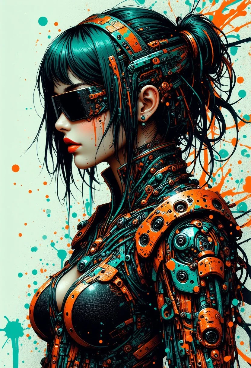 a cyberpunk goth girl, short straight-cut bob, dark eyeshadow, red lips, make-up, earrings, side view, mythp0rt, mad-cbrpnksplshrt, paint splashes, teal and orange