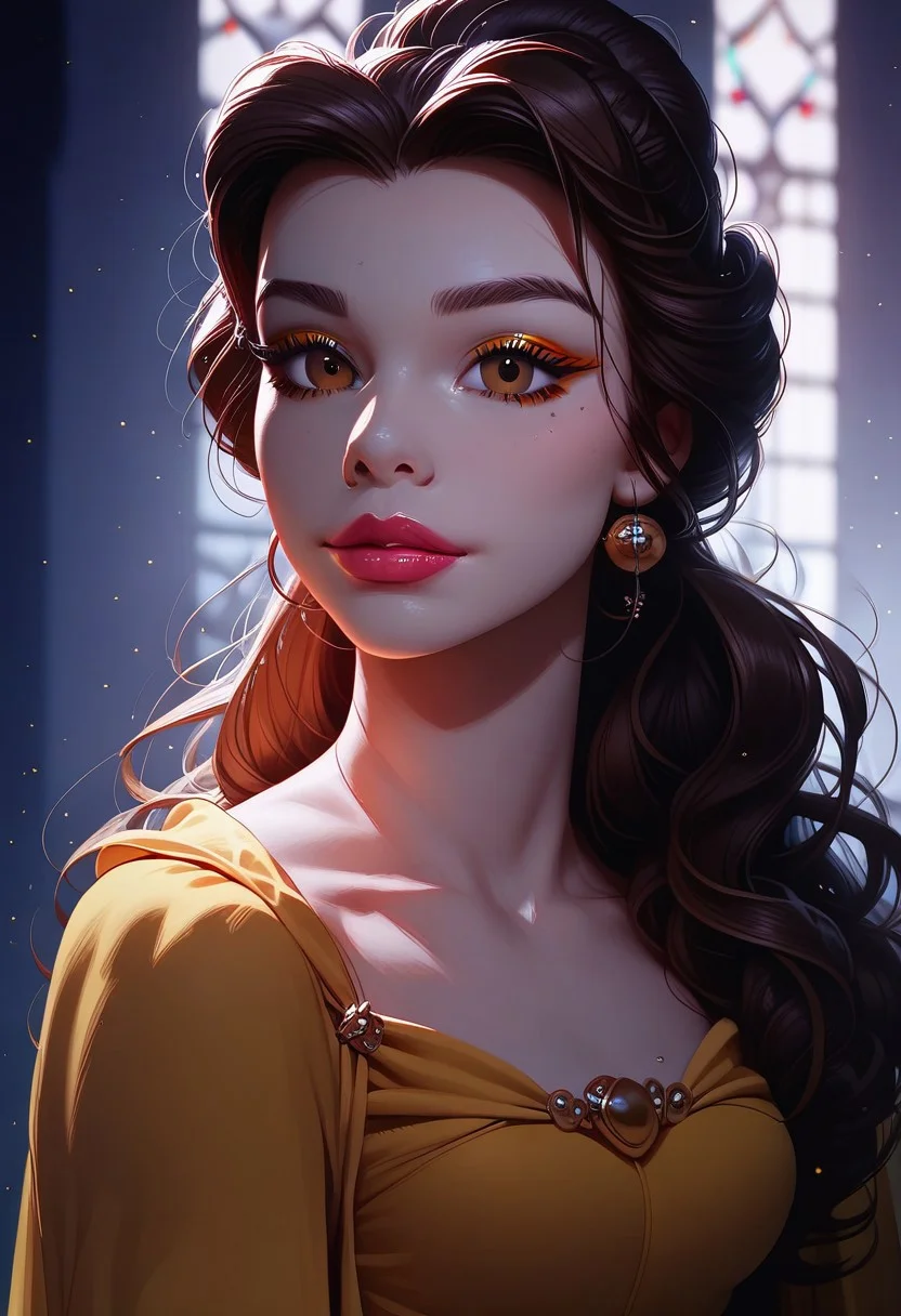 score_9, score_8_up, score_7_up, solo, 1girl, 24 y.o, Belle Princess, cinematic, Depth of field, bokeh, best_quality, cinematic, light particles, highly_detailed, very_aesthetic, beautiful_and_aesthetic, top_quality, hyperrealistic, photorealistic, 8K, ultra detail, curves, sexy, body shaper, yellow dress, Ball dress, afterglow expression, bioluminescent details, wearing a feather boa, slender waist, carrying light eyebrow gel with gloss cream lipstick, stylish brown bun hair, long hair, colored eyeliner, brown eyes, face focus,