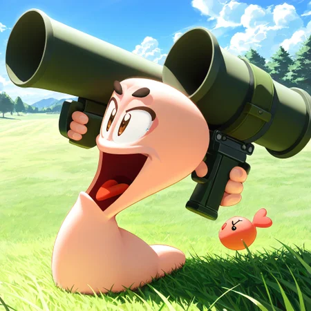 *LORA WEIGHT: 1.25* wormsteam17, wormrender, worm, 1worm, animal focus, solo, side view, looking at viewer, floating black eyebrows, brown eyes, open mouth, tongue, uvula, slim neck, smooth worm body, holding bazooka, outdoors, grass, day, masterpiece, best quality