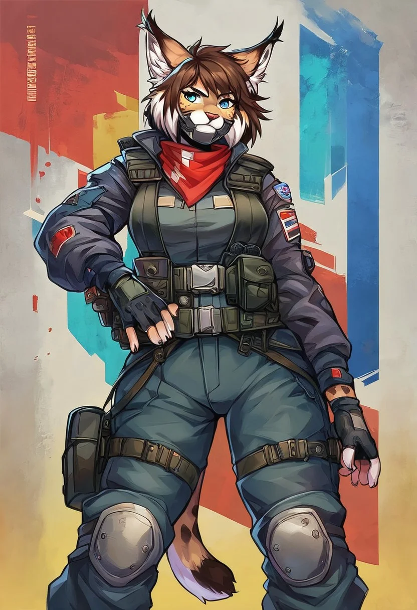 Score 9, Score_8_up, Score_7_up, ng_deepnegative_v1_75t, negative_hand, charturnerv2, knee-deep portrait of adult female,  banners, starship, high technology, shirt, fingerless gloves, soldier uniform,, , anime, Arknight provens, detailed background, cyberpunk, bandana, facemask, furry,  lynx species,  lynx tail, lynx ears