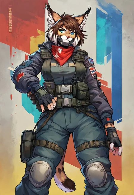 Score 9, Score_8_up, Score_7_up, ng_deepnegative_v1_75t, negative_hand, charturnerv2, knee-deep portrait of adult female, banners, starship, high technology, shirt, fingerless gloves, soldier uniform,, , anime, Arknight provens, detailed background, cyberpunk, bandana, facemask, furry, lynx species, lynx tail, lynx ears