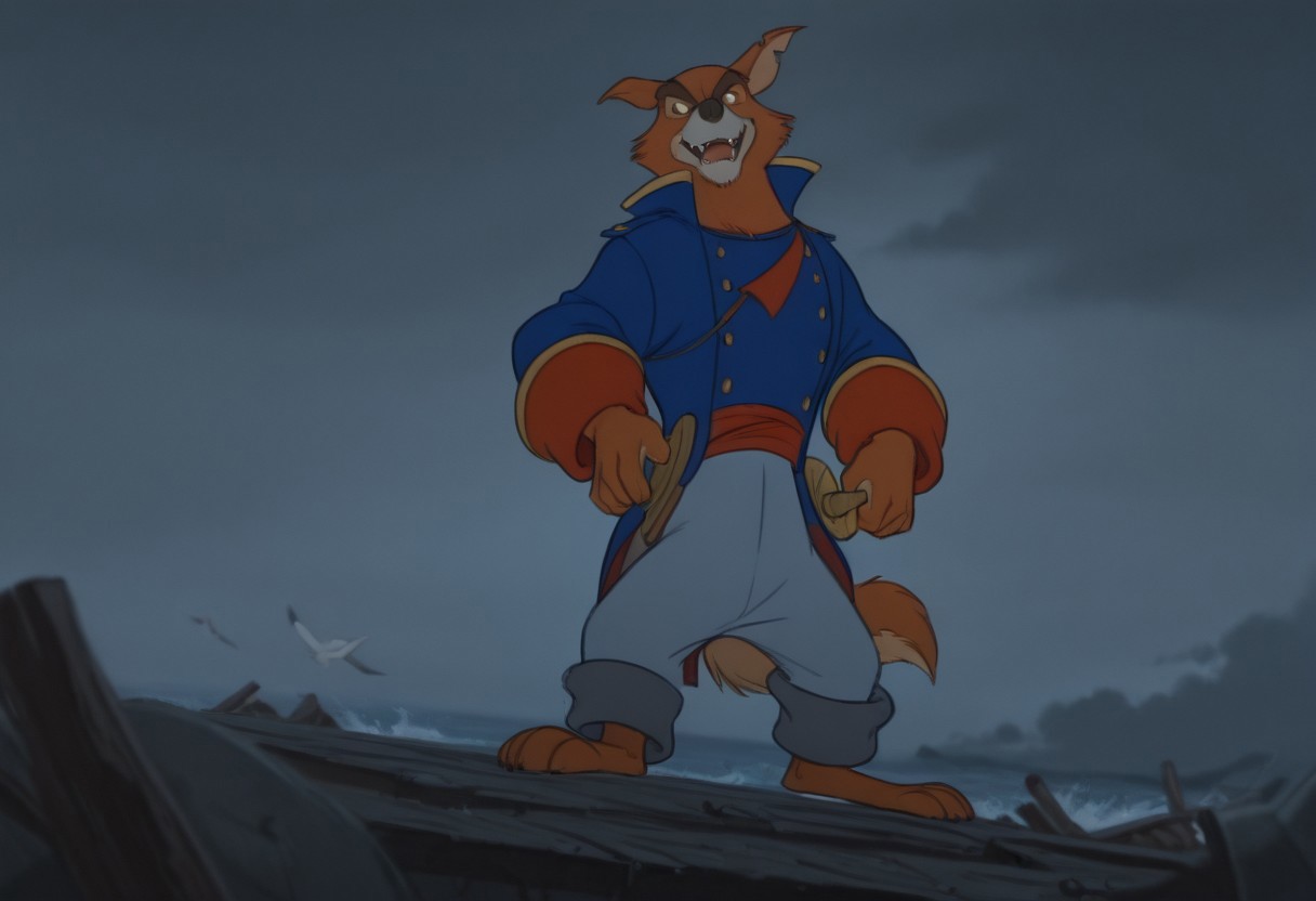 masterpiece, best quality, amazing quality, photorealism, cinematic lighting, front view, solo, male focus, 1boy, canine, furry, donkarnage, red wolf, anthro, broad shoulders, thick brown eyebrows, confident expression, smirk, sharp fangs slightly visible, tail swishing, standing tall, wearing a blue captain's coat with red and gold accents, light blue pants, barefoot, feet, humanoid wolf feet, four toes, highly detailed four toes, raising one foot in the air while standing, thin feet, soles shown on one foot, white undershirt slightly visible, leather belt, sword sheathed at hip, one hand resting on the hilt, pirate leader stance, wind slightly ruffling coat, background: beautiful ocean cliffside, crashing waves, shipwreck debris, dark storm clouds rolling in, dramatic lighting, torn pirate flags in the distance, misty air, seagulls flying overhead, cinematic depth of field, adventure atmosphere <lora:waiNSFWIllustrious_v110:1> <lora:Don_Karnage_iLL:1>