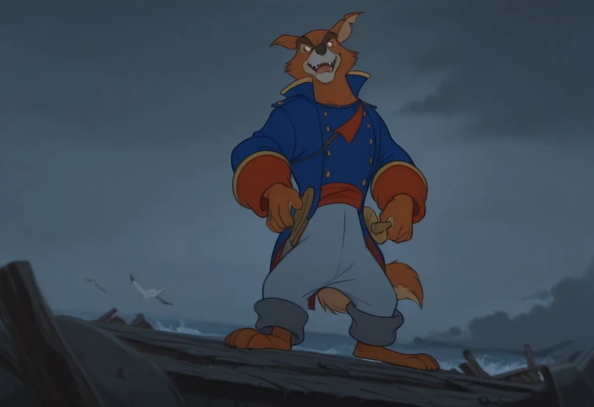 masterpiece, best quality, amazing quality, photorealism, cinematic lighting, front view, solo, male focus, 1boy, canine, furry, donkarnage, red wolf, anthro, broad shoulders, thick brown eyebrows, confident expression, smirk, sharp fangs slightly visible, tail swishing, standing tall, wearing a blue captain's coat with red and gold accents, light blue pants, barefoot, feet, humanoid wolf feet, four toes, highly detailed four toes, raising one foot in the air while standing, thin feet, soles shown on one foot, white undershirt slightly visible, leather belt, sword sheathed at hip, one hand resting on the hilt, pirate leader stance, wind slightly ruffling coat, background: beautiful ocean cliffside, crashing waves, shipwreck debris, dark storm clouds rolling in, dramatic lighting, torn pirate flags in the distance, misty air, seagulls flying overhead, cinematic depth of field, adventure atmosphere <lora:waiNSFWIllustrious_v110:1> <lora:Don_Karnage_iLL:1>