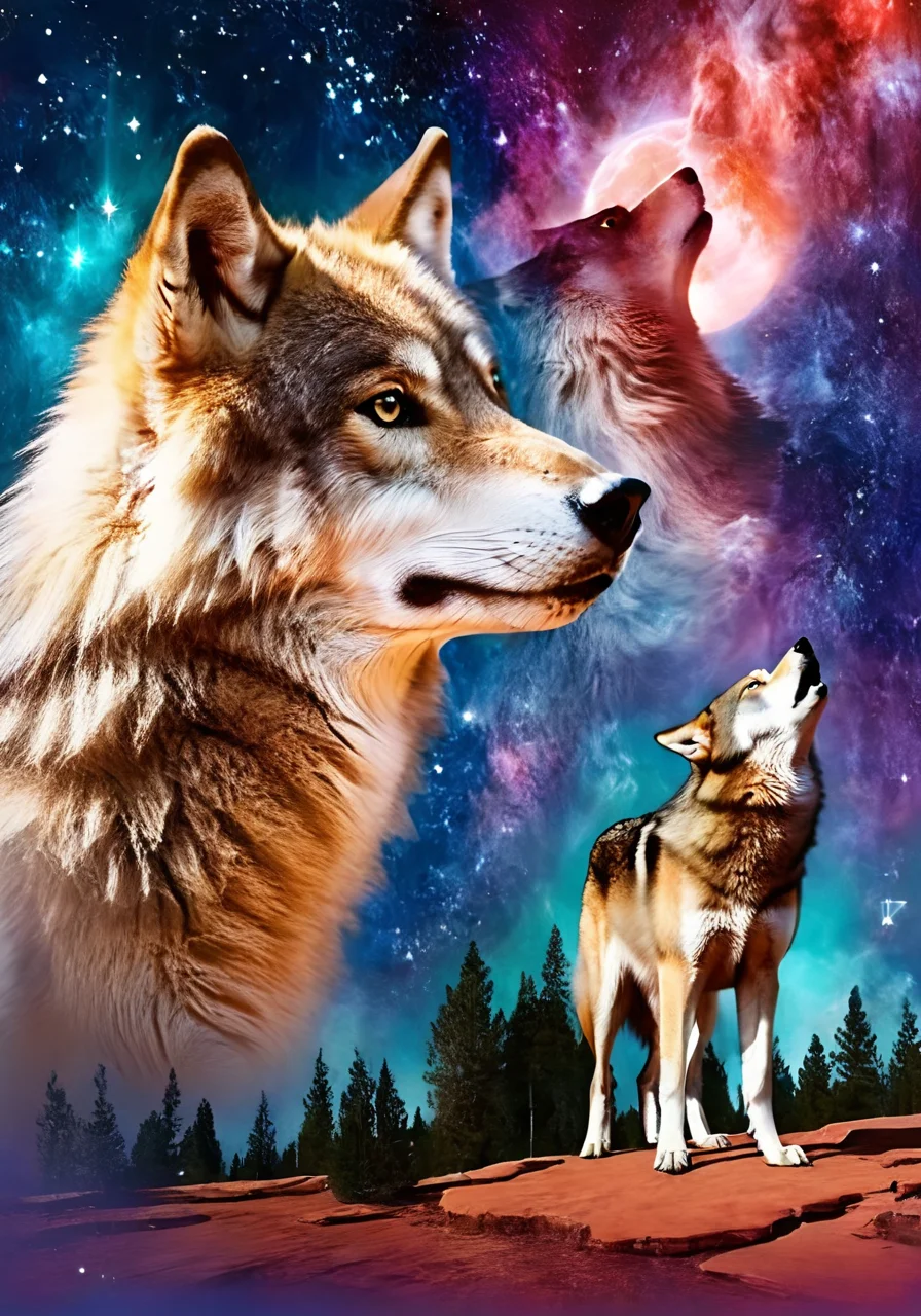portrait of a wolf, double exposure effect, a80psdxl, <lora:a80psdxl:1>, universe background, multiple views of wolf