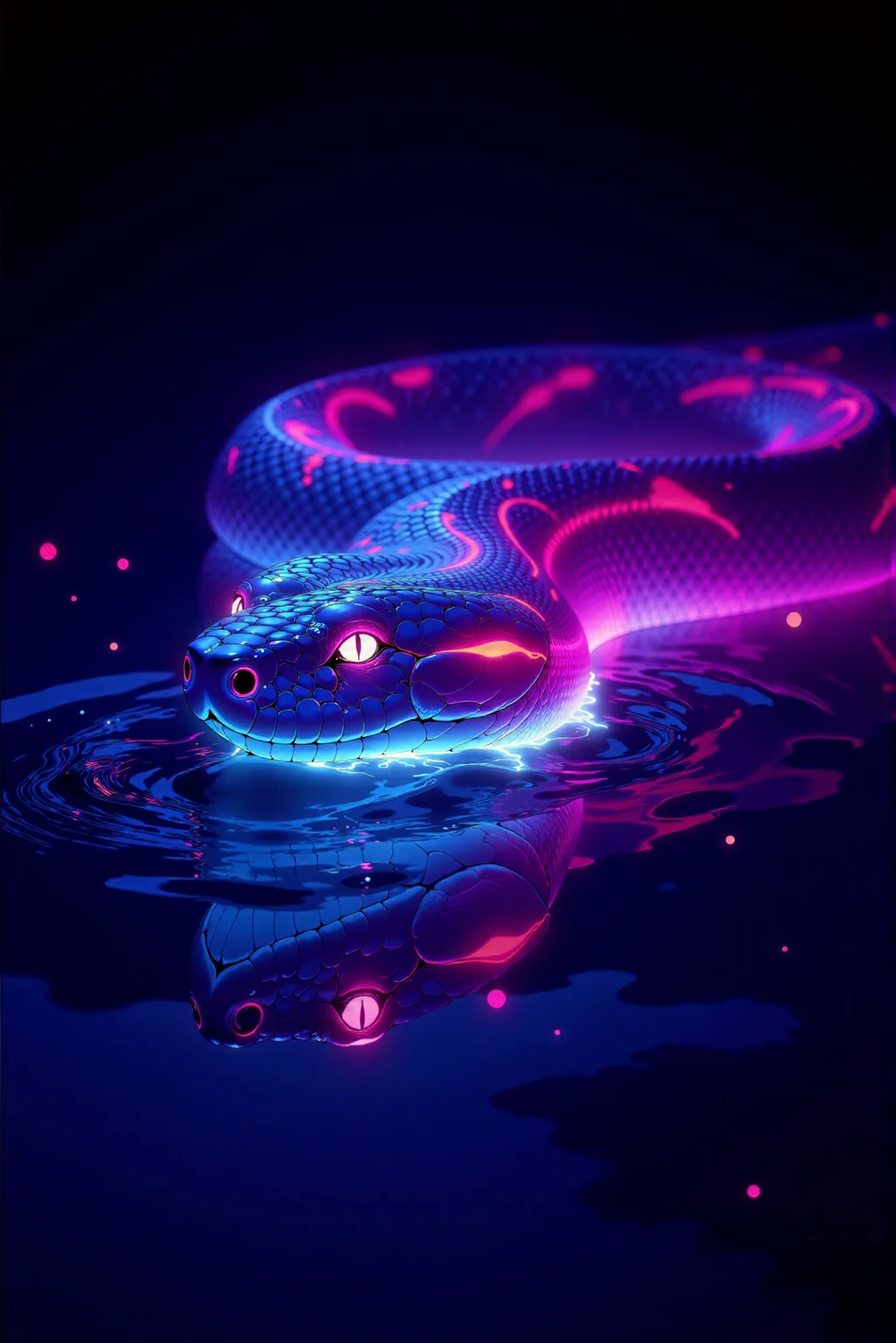 A mesmerizing digital illustration features a (from above close shot:1.3) of a majestic snake gliding calmly across the surface of still water at night, its sleek and elegant form glowing brightly with a flawless gradient of luminous colors. The snakeâs smooth, sinuous body glows with an ethereal radiance, creating a striking contrast against the very dark, almost black background that envelopes the scene. Starting from the snakeâs head, the gradient begins with an intense, vivid pink glow contours its triangular head, with softly glowing reflections shimmering across the waterâs surface. The snake's eyes are sharp and serene, catching the same pink light, giving them an otherworldly, hypnotic brilliance. As the gradient flows smoothly down the snakeâs body, the pink transitions into a rich cyan-blue hue glow of the midsection with electric energy. The cyan-blue light reflects in the water, creating rippling reflections that shimmer outward in concentric circles, as though the snakeâs glow is breathing life into the stillness. Further down, the gradient deepens into a cool, vivid indigo-blue at the snakeâs tail, where the light becomes softer yet intensely luminous, diffusing into fading out glowing trails beneath the water, as if the snake leaves behind a stream of liquid light. The water itself mirrors the glowing gradient perfectly, with smooth, glass-like reflections of pink, cyan-blue, and indigo-blue glowing on its surface. Subtle ripples form where the snakeâs body touches the water, distorting the glow slightly and creating a dreamlike interplay of light and motion. The edges of the ripples catch the neon glow, spreading faint, radiant hues outward in soft, glowing waves. The dark, undefined background serves as a stark canvas, enhancing the vivid luminescence of the snake and its reflections. Tiny, glowing particles float gently in the air and water, like suspended embers of light, adding depth and atmosphere to the composition. Rendered in a neon-surrealist and contemporary glowing art style, the illustration utilizes flawless gradients, intricate detailing, and volumetric light diffusion effects to create a captivating and magical visual. The calm yet radiant snake becomes a beacon of luminous beauty in the dark stillness of its nocturnal world, evoking a sense of serenity and mystery. <lora:DGLO_style_v.6:0.8>