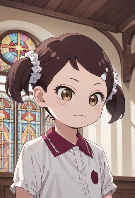 score_9, score_8_up, score_7_up, source_anime, becky blackbell, female child, child, brown hair, brown eyes, short twintails, 1girl, stained glass, solo, hair ornament, twintails, shirt, indoors, scrunchie, upper body, closed mouth, short sleeves